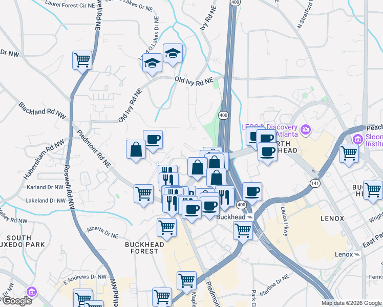 map of restaurants, bars, coffee shops, grocery stores, and more near 469 Ivy Park Lane Northeast in Atlanta