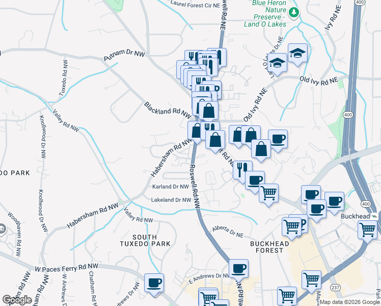 map of restaurants, bars, coffee shops, grocery stores, and more near 3541 Roswell Road Northeast in Atlanta