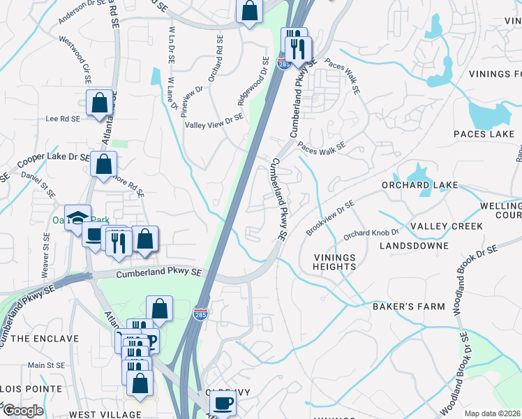 map of restaurants, bars, coffee shops, grocery stores, and more near 2151 Cumberland Parkway Southeast in Atlanta