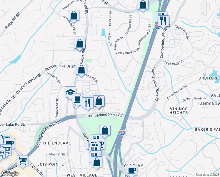 map of restaurants, bars, coffee shops, grocery stores, and more near 2363 Oberon Walk Southeast in Smyrna