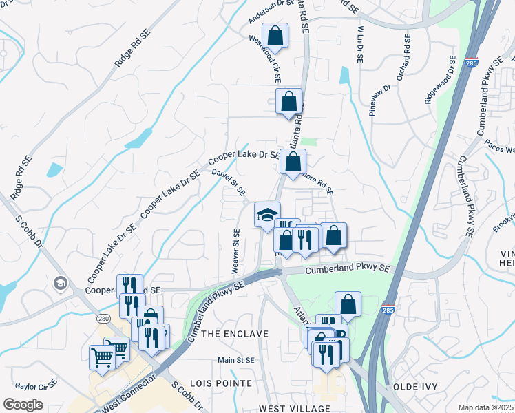 map of restaurants, bars, coffee shops, grocery stores, and more near 2215 Cooper Lake Road Southeast in Smyrna