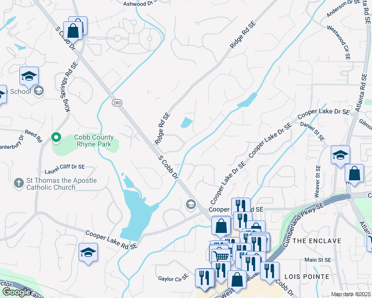 map of restaurants, bars, coffee shops, grocery stores, and more near 1602 Shamrock Trail in Smyrna