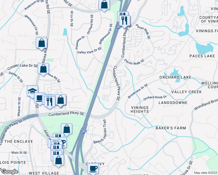 map of restaurants, bars, coffee shops, grocery stores, and more near 2151 Cumberland Parkway Southeast in Atlanta