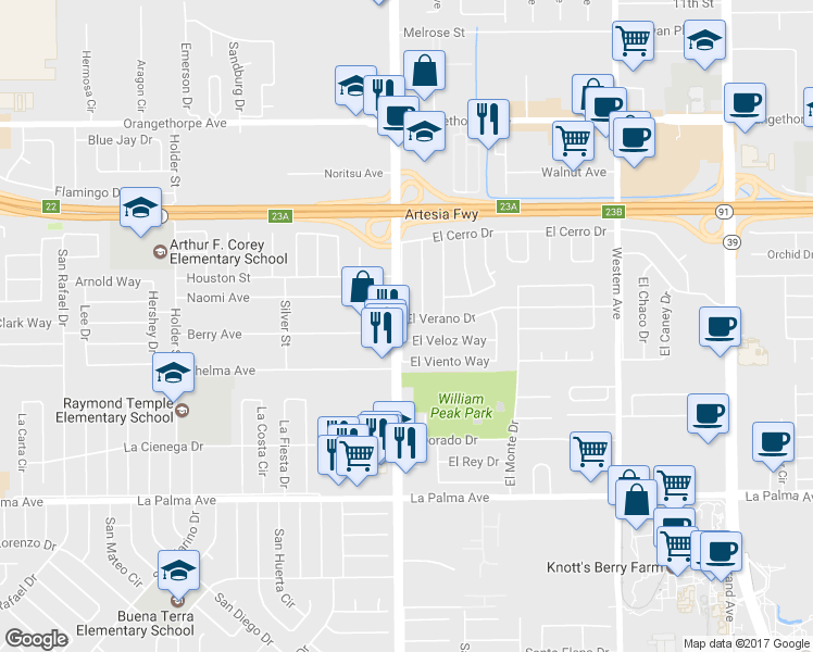 map of restaurants, bars, coffee shops, grocery stores, and more near 7020 El Verano Drive in Buena Park