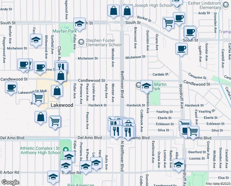 map of restaurants, bars, coffee shops, grocery stores, and more near 5145 Montair Avenue in Lakewood