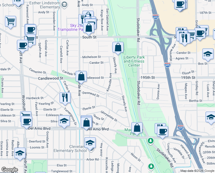 map of restaurants, bars, coffee shops, grocery stores, and more near 5209 Knoxville Avenue in Lakewood