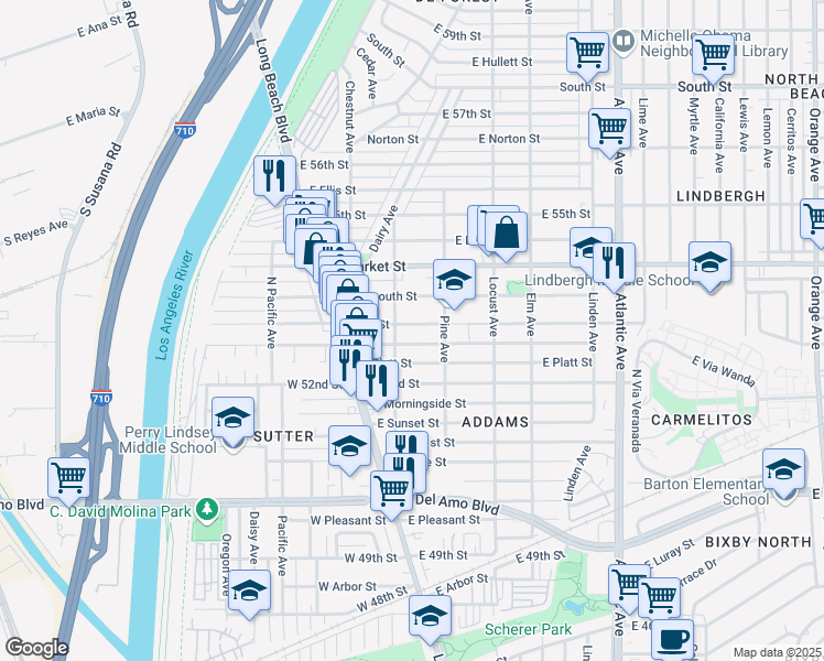 map of restaurants, bars, coffee shops, grocery stores, and more near 126 53rd Street in Long Beach