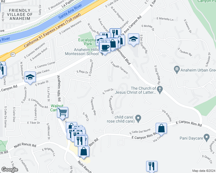 map of restaurants, bars, coffee shops, grocery stores, and more near 6263 East Trail Drive in Anaheim