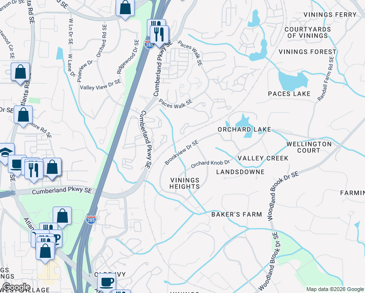 map of restaurants, bars, coffee shops, grocery stores, and more near 4170 Brookview Drive Southeast in Atlanta