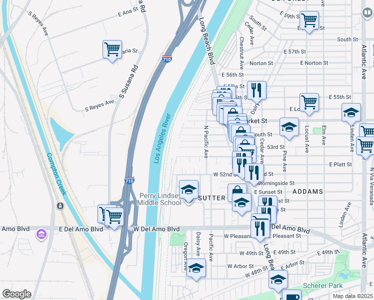 map of restaurants, bars, coffee shops, grocery stores, and more near 135 West Mountain View Street in Long Beach
