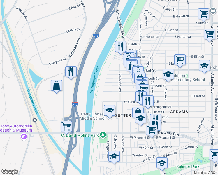 map of restaurants, bars, coffee shops, grocery stores, and more near 136 West 53rd Street in Long Beach