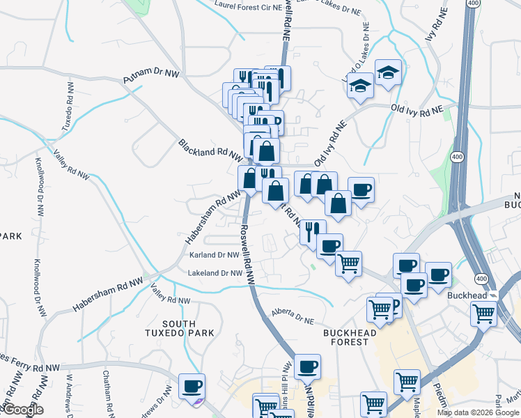 map of restaurants, bars, coffee shops, grocery stores, and more near 3541 Roswell Road Northeast in Atlanta