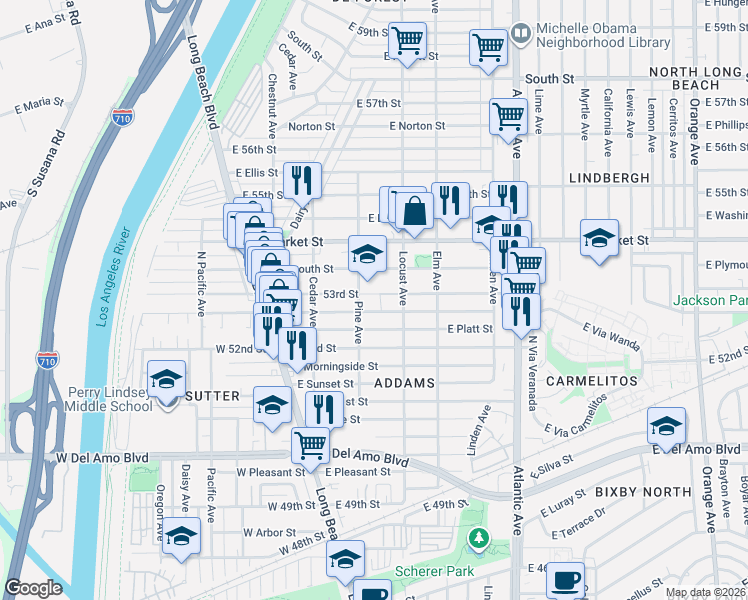 map of restaurants, bars, coffee shops, grocery stores, and more near 226 53rd Street in Long Beach