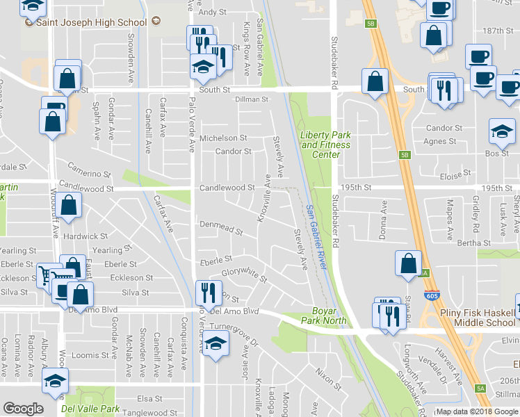 map of restaurants, bars, coffee shops, grocery stores, and more near 5209 Knoxville Avenue in Lakewood