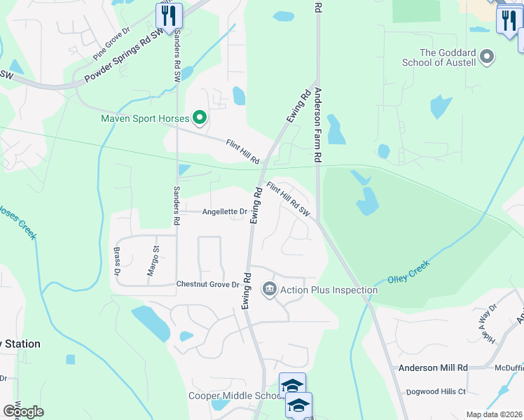 map of restaurants, bars, coffee shops, grocery stores, and more near 4175 Ewing Road in Austell