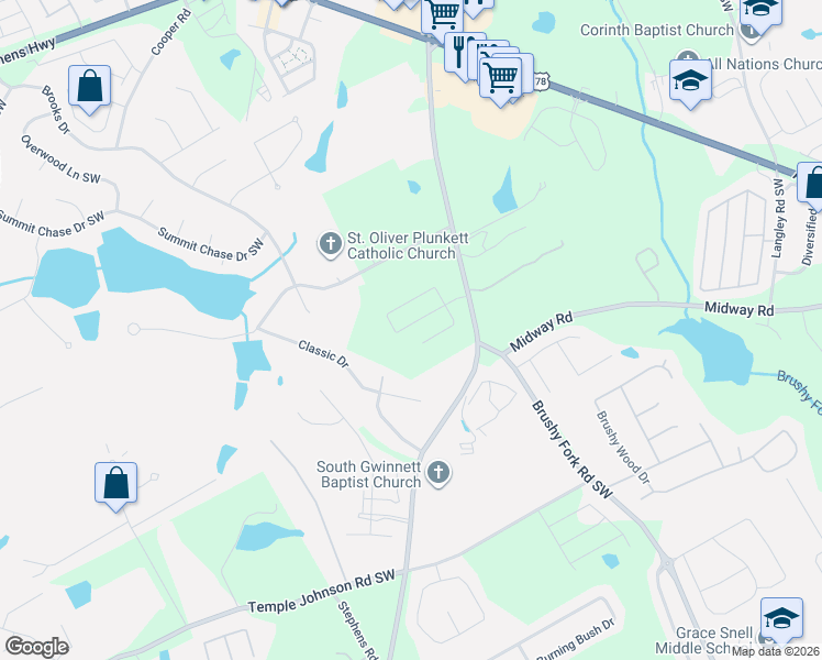 map of restaurants, bars, coffee shops, grocery stores, and more near 1160 Rose Terrace Circle in Loganville
