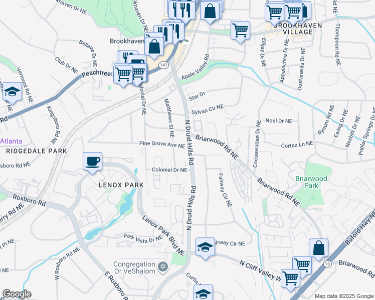 map of restaurants, bars, coffee shops, grocery stores, and more near 1399 North Druid Hills Road in Brookhaven