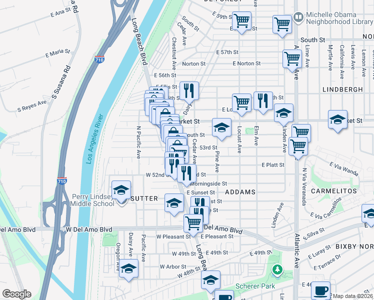 map of restaurants, bars, coffee shops, grocery stores, and more near 34 53rd Street in Long Beach