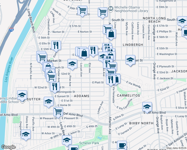 map of restaurants, bars, coffee shops, grocery stores, and more near 415 East Mountain View Street in Long Beach