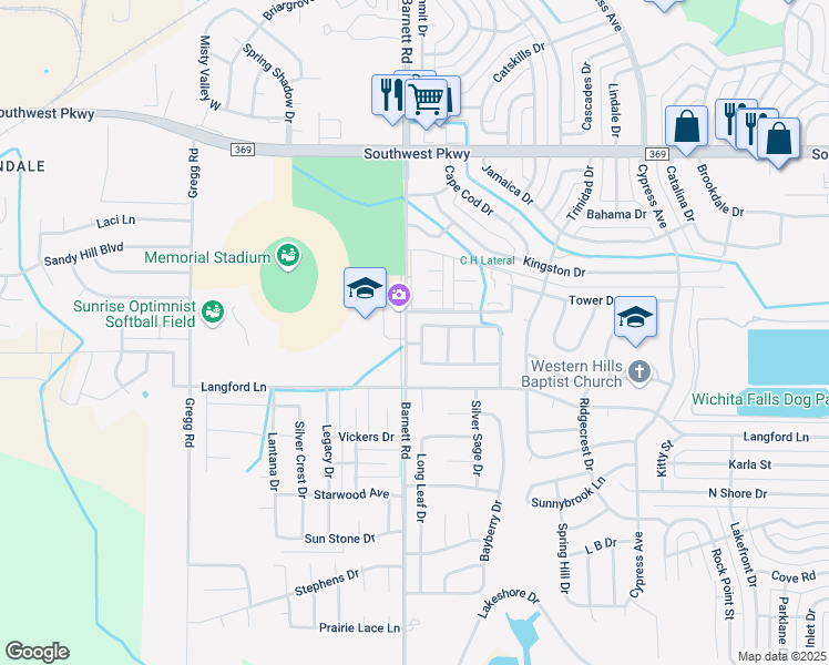 map of restaurants, bars, coffee shops, grocery stores, and more near 4935 Whisper Wind Drive in Wichita Falls