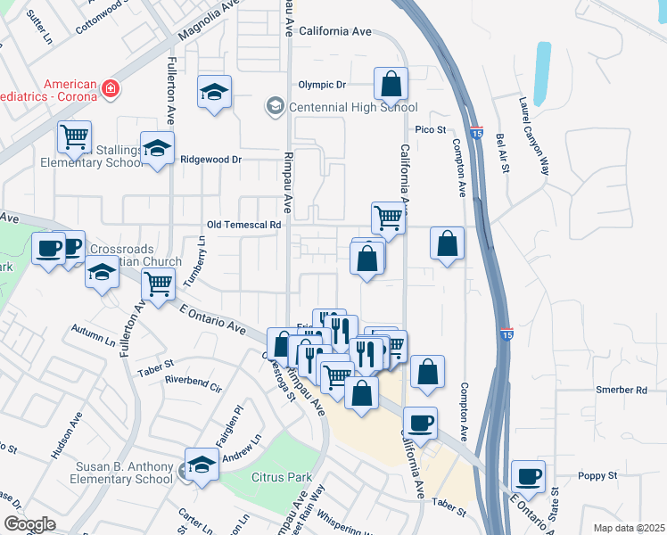 map of restaurants, bars, coffee shops, grocery stores, and more near 1185 Elliot Drive in Corona