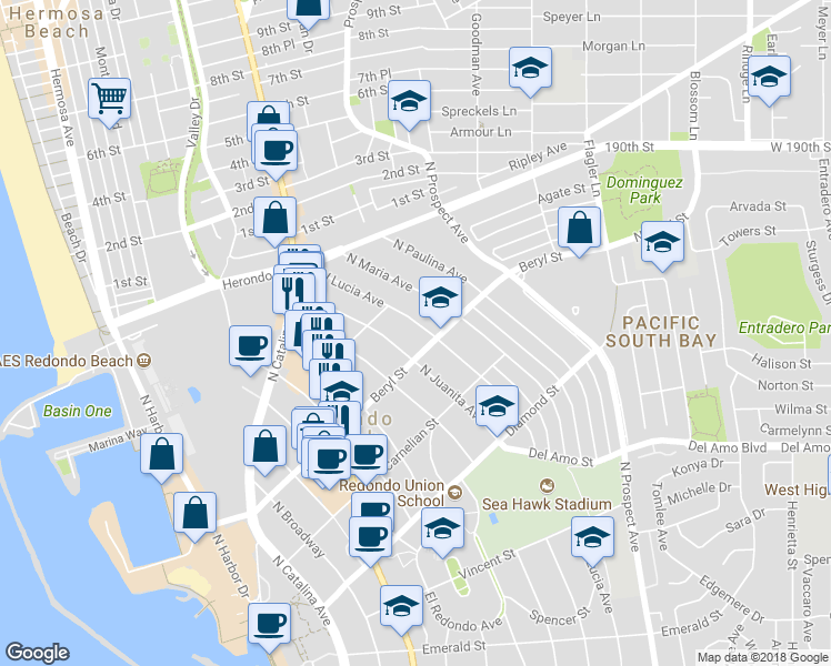 map of restaurants, bars, coffee shops, grocery stores, and more near 709 North Lucia Avenue in Redondo Beach