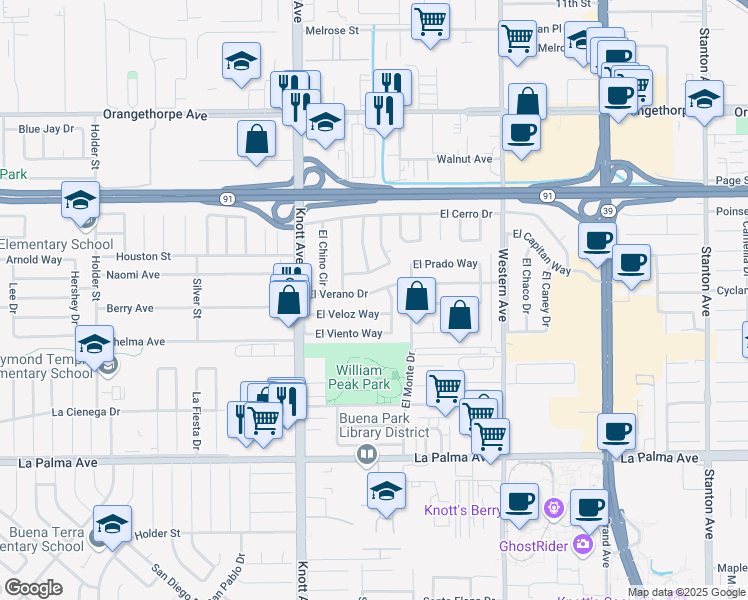 map of restaurants, bars, coffee shops, grocery stores, and more near 7182 El Verano Drive in Buena Park