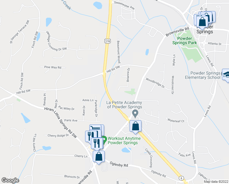 map of restaurants, bars, coffee shops, grocery stores, and more near 3928 Brianna Drive in Powder Springs