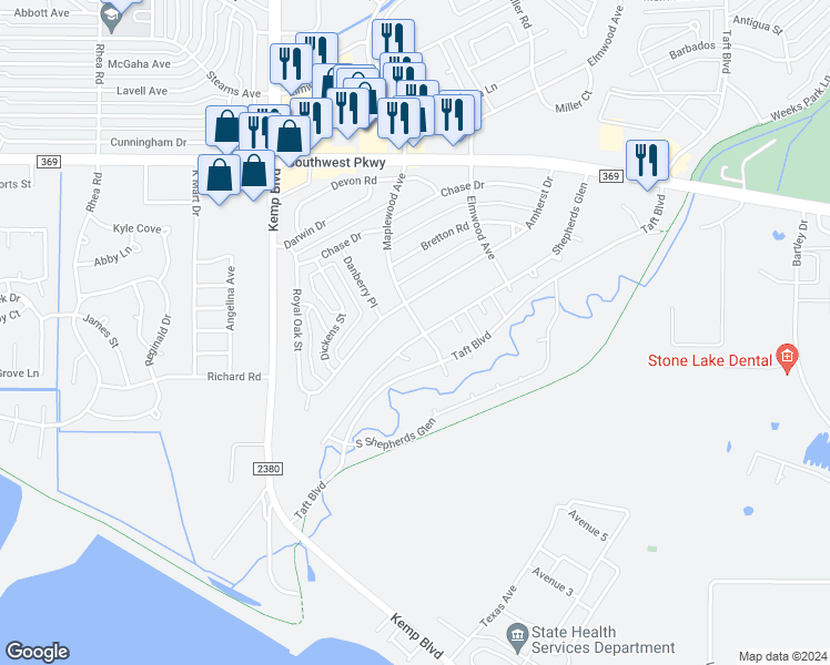 map of restaurants, bars, coffee shops, grocery stores, and more near 2700 Shepherds Glen in Wichita Falls