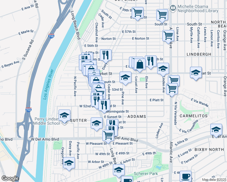 map of restaurants, bars, coffee shops, grocery stores, and more near 126 53rd Street in Long Beach