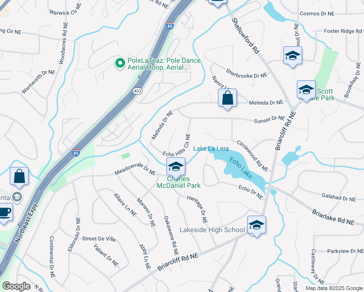 map of restaurants, bars, coffee shops, grocery stores, and more near 2304 Echo Hills Circle Northeast in Atlanta