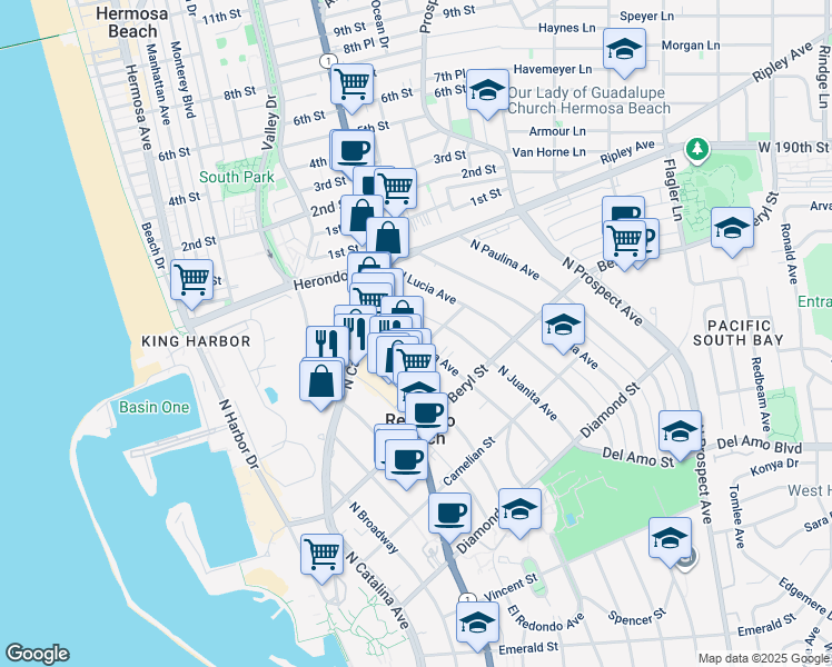 map of restaurants, bars, coffee shops, grocery stores, and more near 804 North Irena Avenue in Redondo Beach