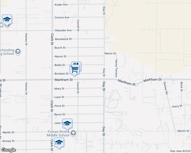 map of restaurants, bars, coffee shops, grocery stores, and more near 21924 Markham Street in Perris