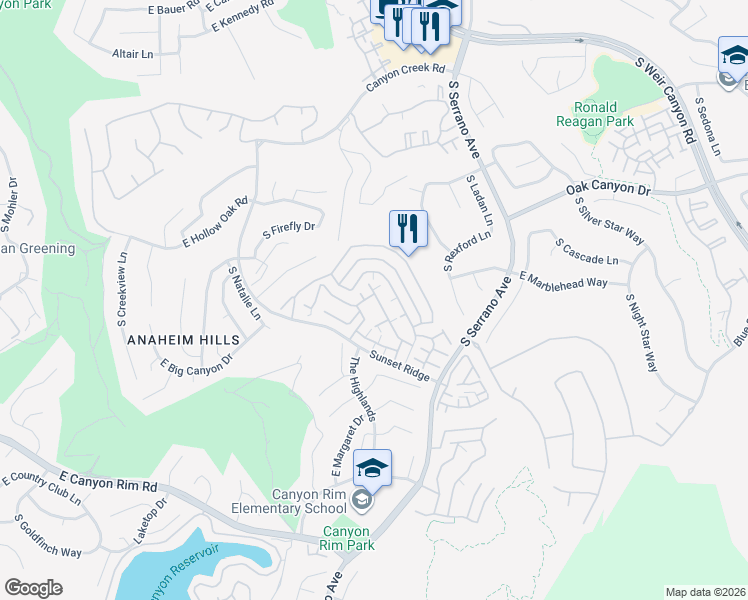 map of restaurants, bars, coffee shops, grocery stores, and more near 7798 East Portofino Avenue in Anaheim