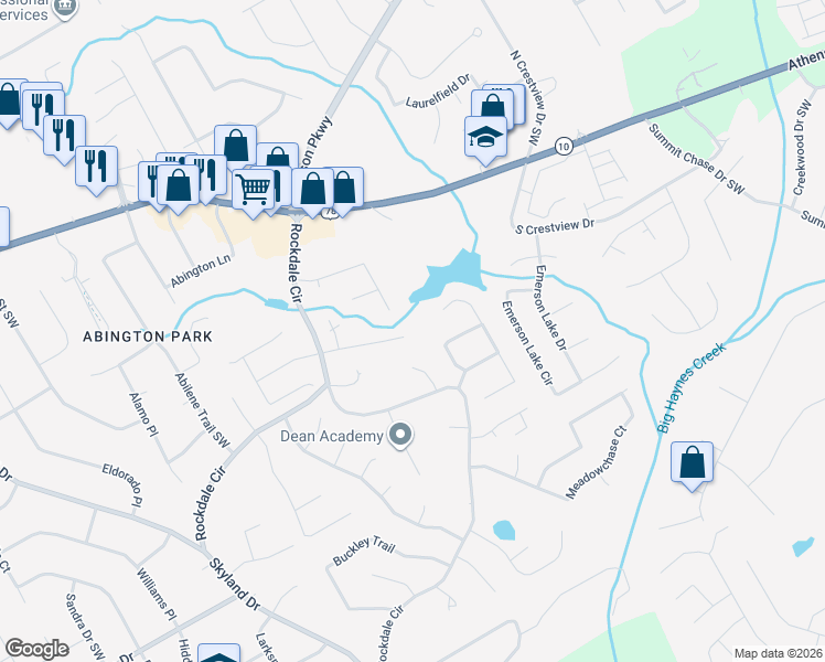 map of restaurants, bars, coffee shops, grocery stores, and more near 1868 Brookhill Way Southwest in Snellville