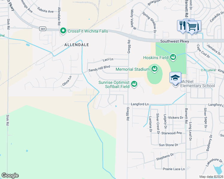 map of restaurants, bars, coffee shops, grocery stores, and more near 6029 Oakmont Drive in Wichita Falls