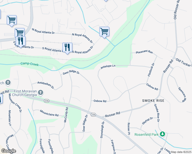 map of restaurants, bars, coffee shops, grocery stores, and more near 5160 Antelope Lane in Stone Mountain