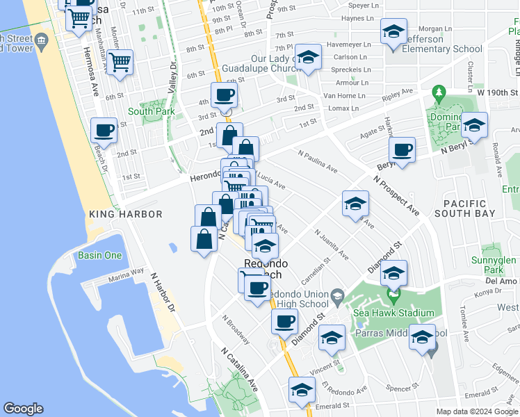map of restaurants, bars, coffee shops, grocery stores, and more near 807 North Irena Avenue in Redondo Beach