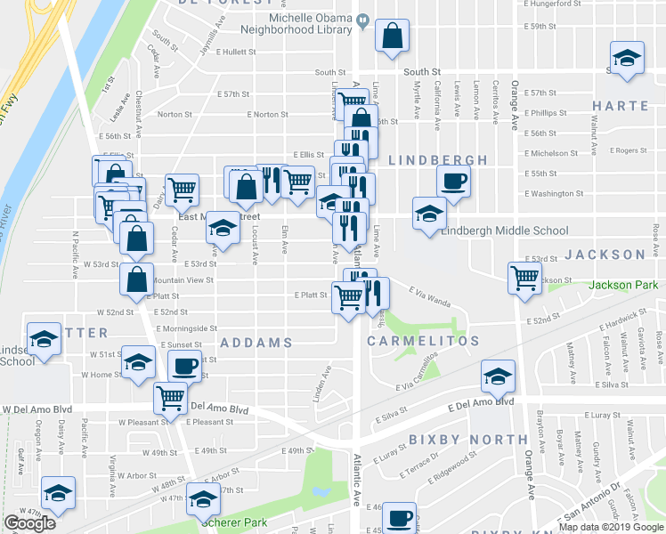 map of restaurants, bars, coffee shops, grocery stores, and more near 496 East 53rd Street in Long Beach