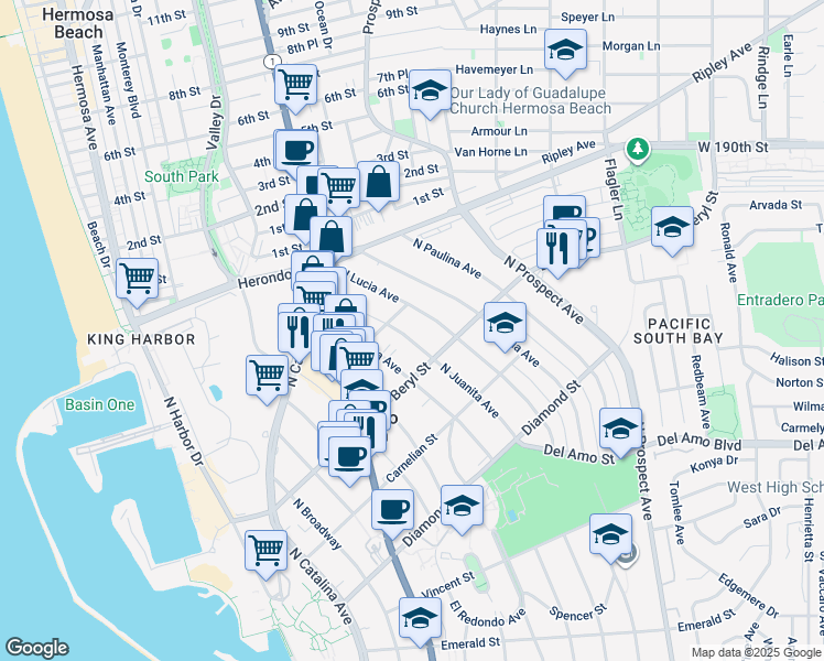 map of restaurants, bars, coffee shops, grocery stores, and more near 718 North Juanita Avenue in Redondo Beach