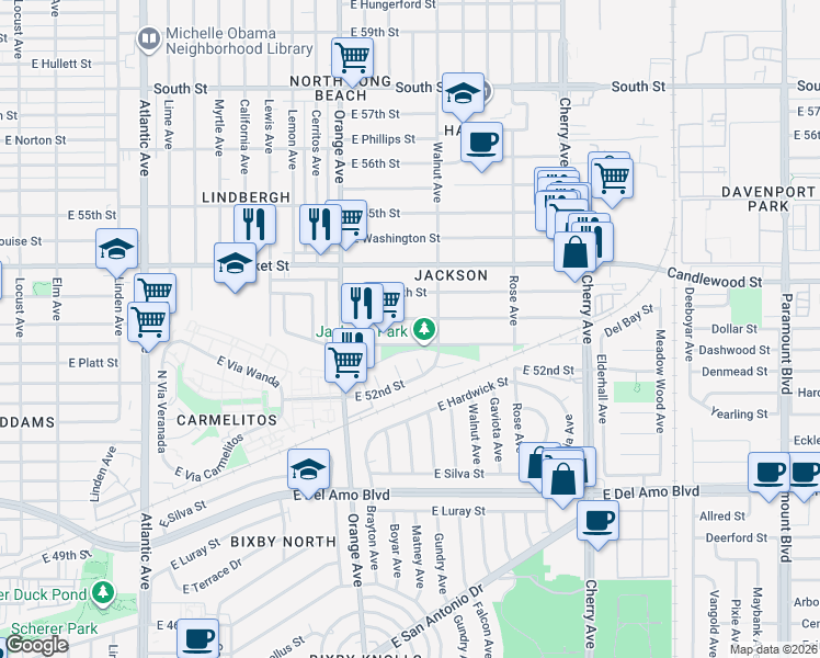 map of restaurants, bars, coffee shops, grocery stores, and more near 1436 East 53rd Street in Long Beach