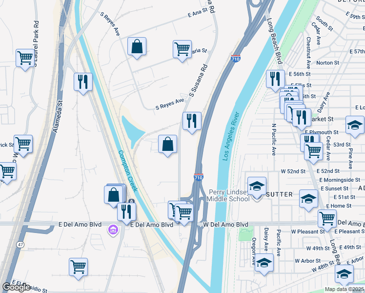 map of restaurants, bars, coffee shops, grocery stores, and more near 19710 South Susana Road in Compton
