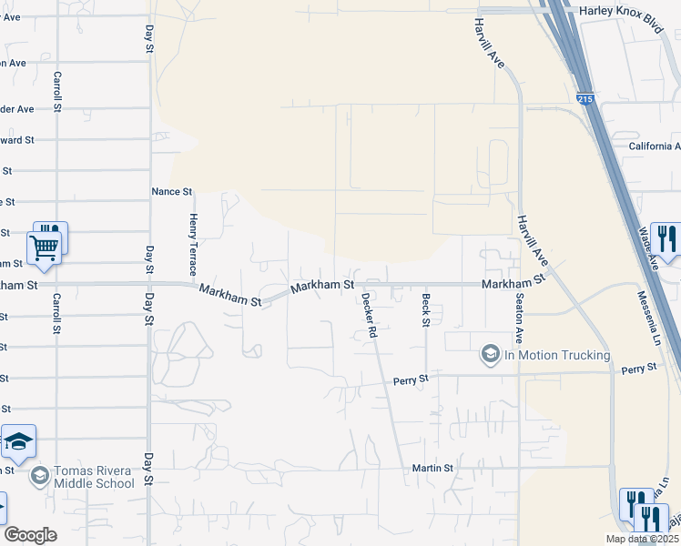 map of restaurants, bars, coffee shops, grocery stores, and more near 18420 Decker Road in Perris