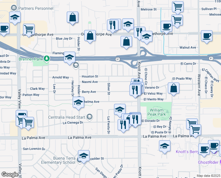 map of restaurants, bars, coffee shops, grocery stores, and more near 7612 Silver Street in Buena Park