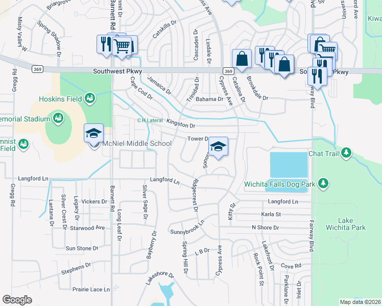 map of restaurants, bars, coffee shops, grocery stores, and more near 4813 Lovers Lane in Wichita Falls