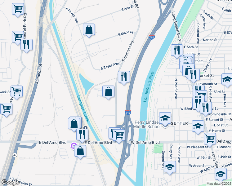 map of restaurants, bars, coffee shops, grocery stores, and more near 19710 South Susana Road in Compton