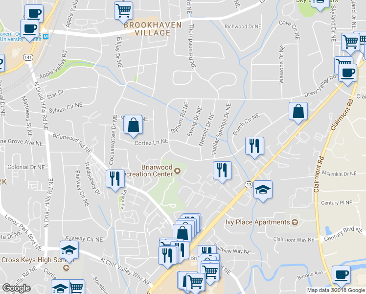 map of restaurants, bars, coffee shops, grocery stores, and more near 1507 Cortez Lane Northeast in Atlanta