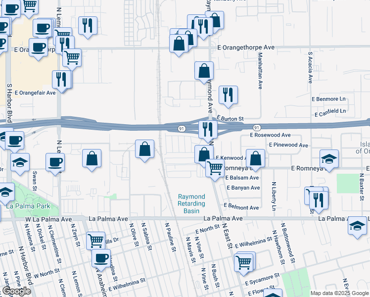 map of restaurants, bars, coffee shops, grocery stores, and more near 1241 North East Street in Anaheim