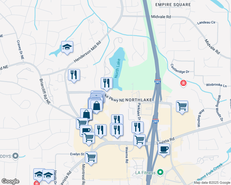 map of restaurants, bars, coffee shops, grocery stores, and more near 3300 Northlake Parkway Northeast in Atlanta