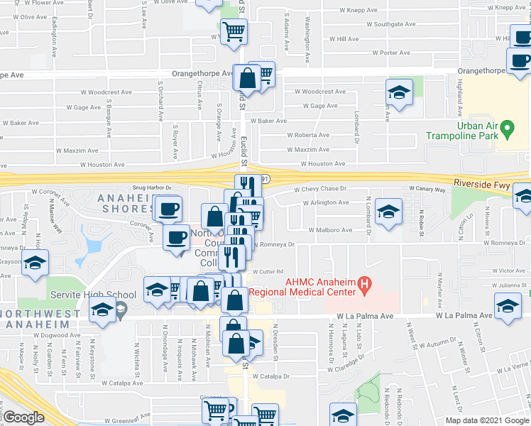 map of restaurants, bars, coffee shops, grocery stores, and more near 1237 North Dresden Place in Anaheim